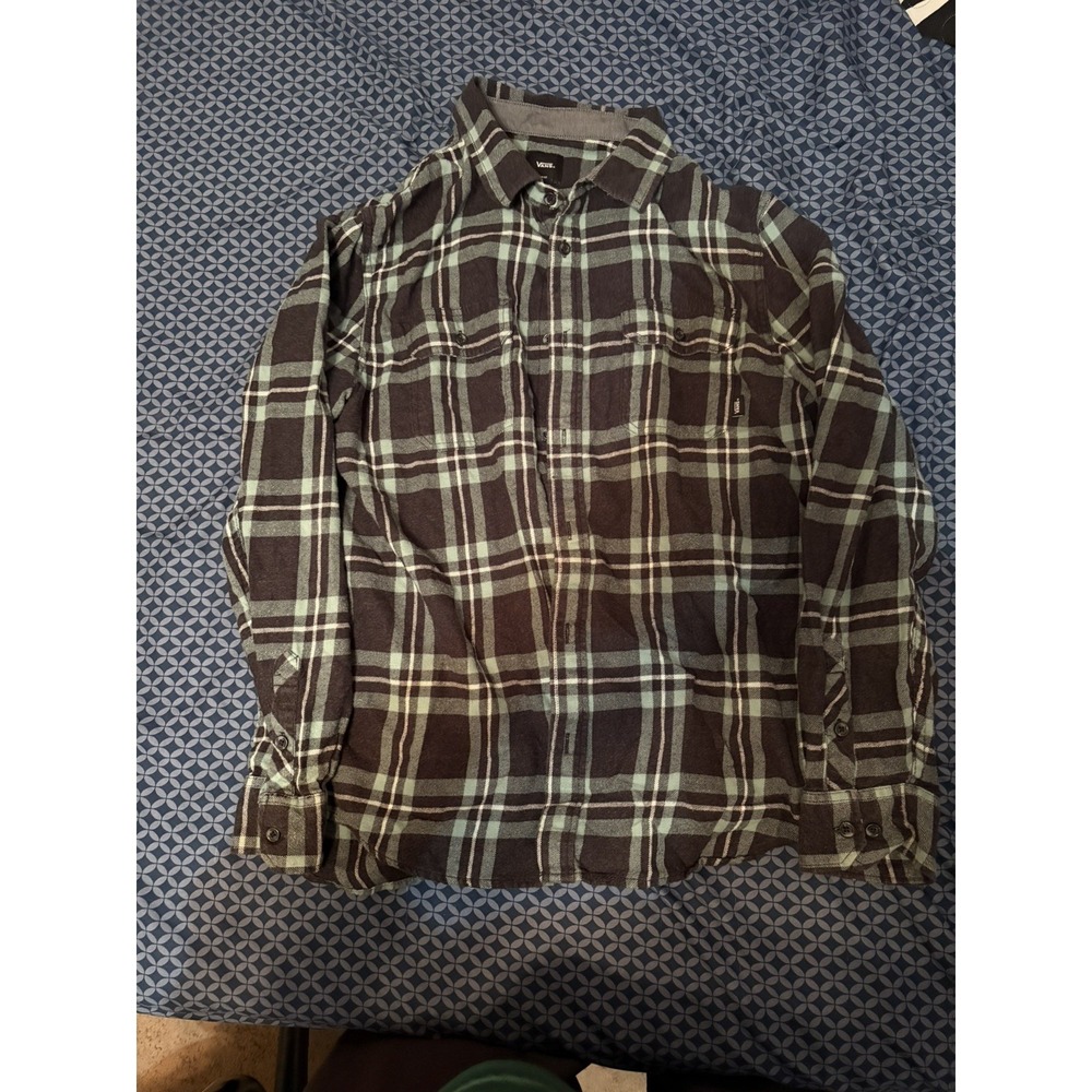men's long-sleeve button-down flannel shirt Vans Size L Plaid Classic Fit Blue